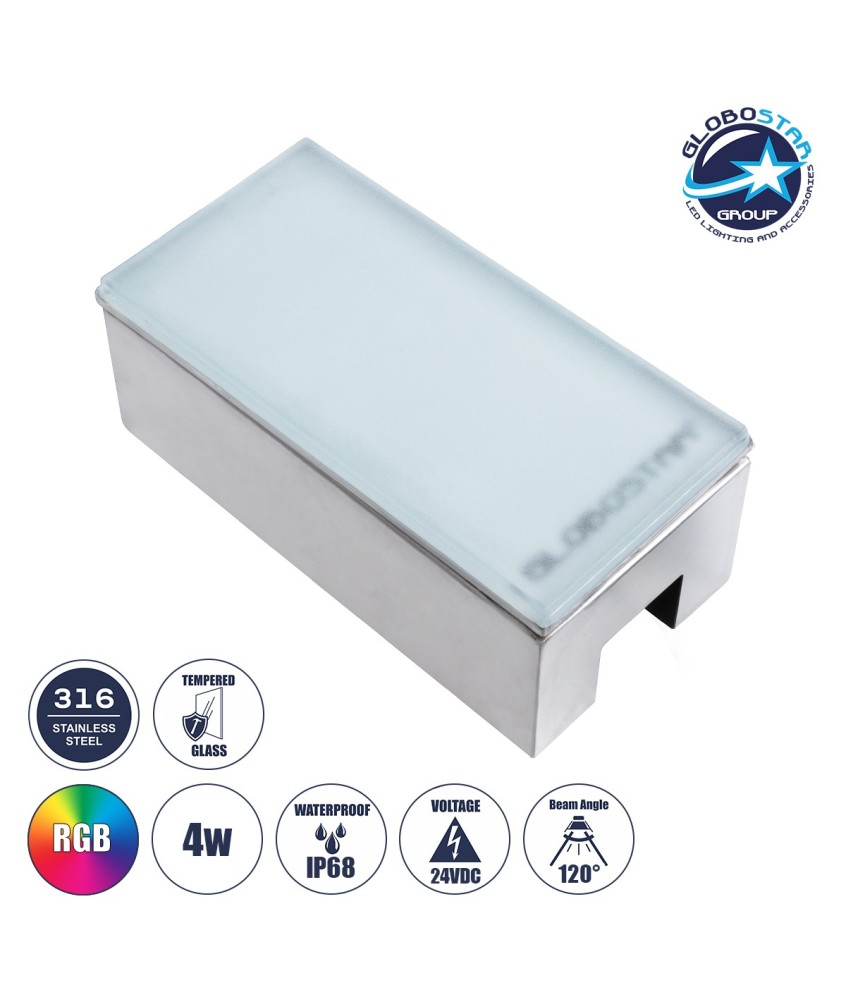 GloboStar® CYBOLITHOS 60953 Χωνευτό Φωτιστικό Σποτ Δαπέδου LED 4W 400lm 120° DC 24V Αδιάβροχο IP68 IK06 Μ20 x Π10 x Υ8cm RGB Dimmable - Tempered Γαλακτερό Γυαλί & Ανοξείδωτο Ατσάλι - Bridgelux Chip - 3 Χρόνια Εγγύηση